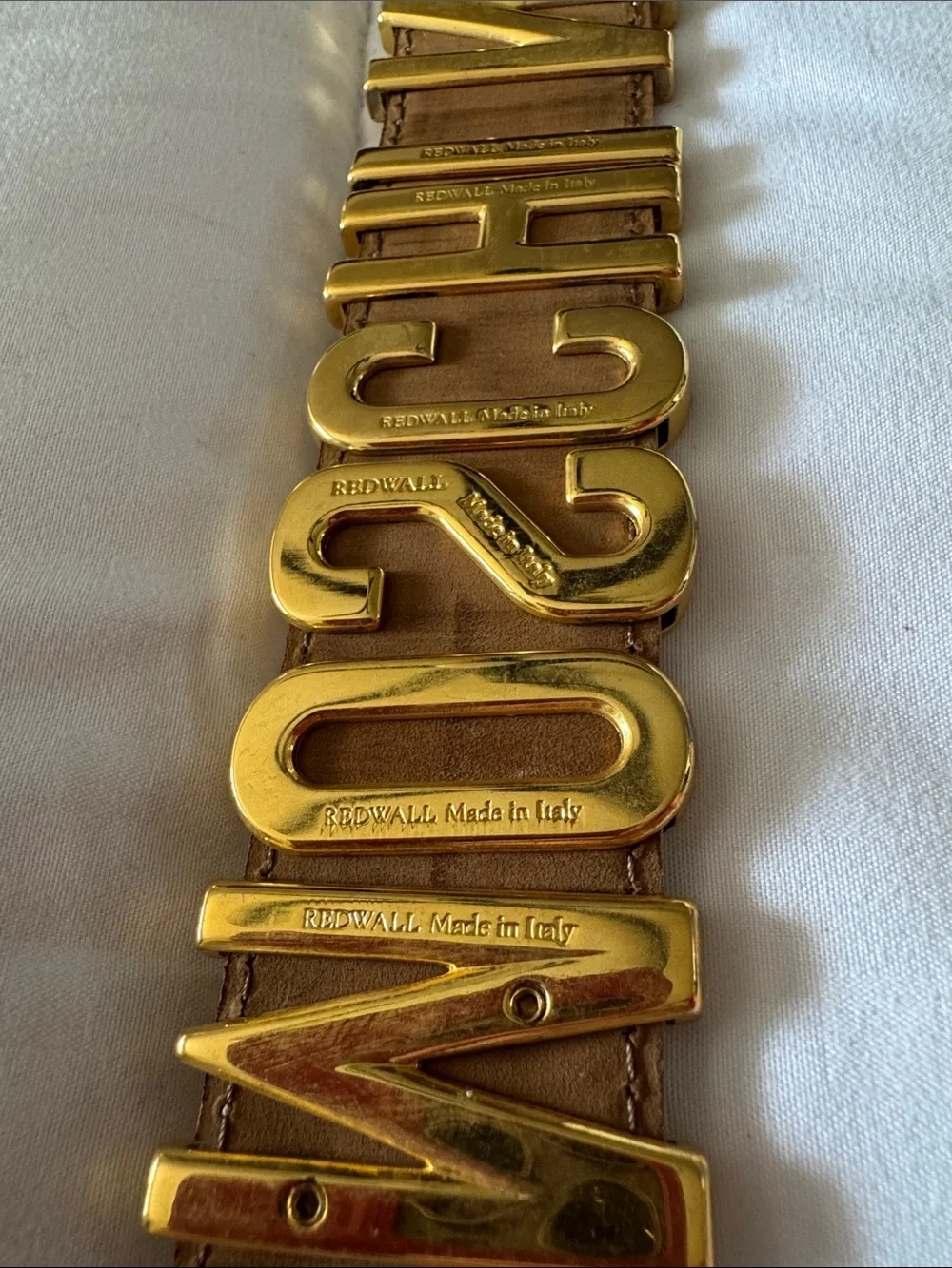 Authentic Moschino Beige Leather Belt with Large Gold Logo Letters
